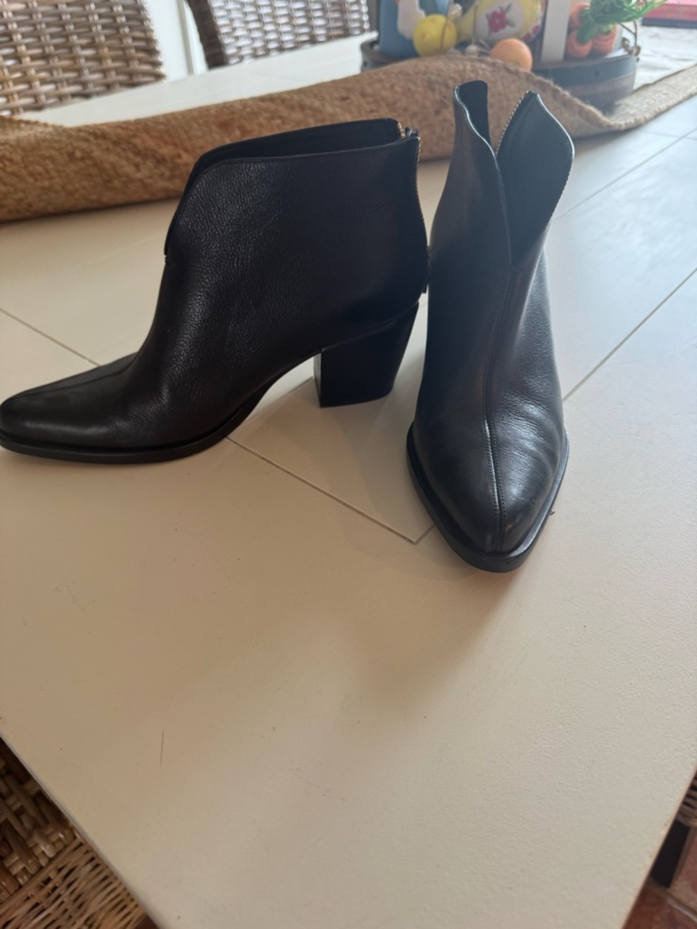 Vince Black Leather Pointed Ankle Booties with Block Heel